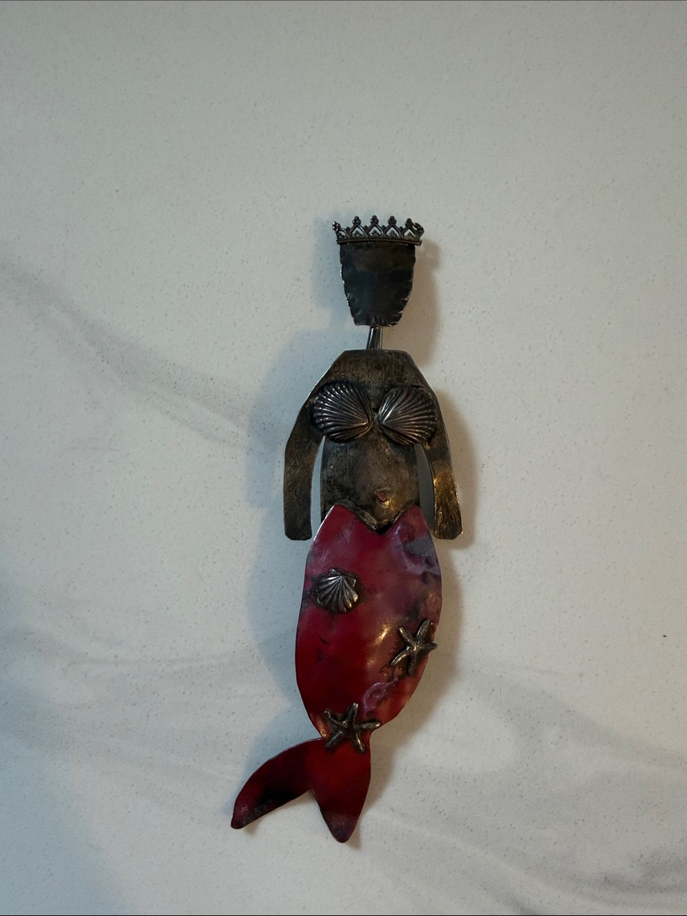 Vtg Handcrafted Red Sterling Silver Metal Mermaid Brooch Pin 4" Signed Artisan